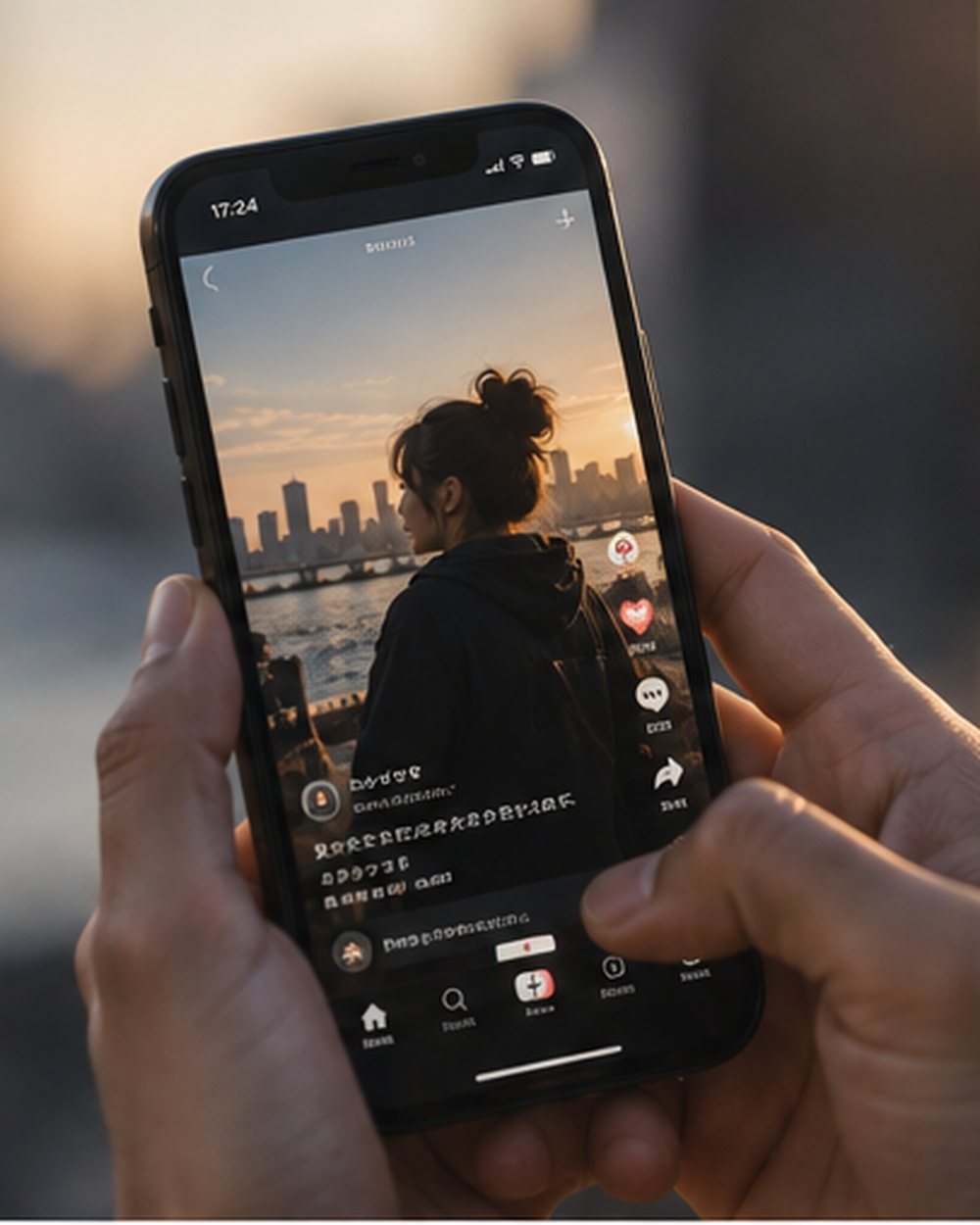 スマートフォンで縦型動画を見ている手元